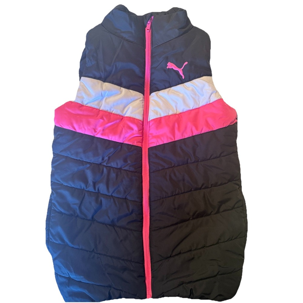 PUMA Girls Puffer Vest Size S 7/8 Black Pink Full Zip Logo Quilted Sleeveless